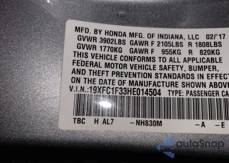2017 Honda Civic Ex-T from USA, damaged, VIN 19XFC1F33HE014504